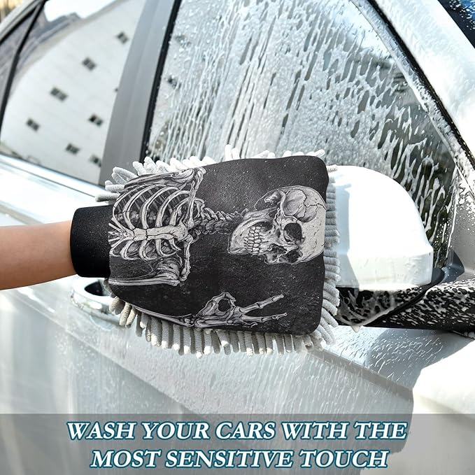 YETTASBIN Skeleton 2PCS Car Wash Mitts, Ultra Absorbent Chenille Microfiber Car Washing Gloves, Scratch-Free Lint-Free Auto Cleaning Mitt, Machine Washable Elastic Cuff Car Wash Sponge