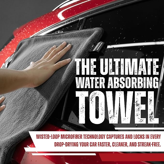 RAPIDWIPE 24" x 36" Ultra Drying Towel 1300 GSM Twisted Loop Microfiber, Super Absorbent, No Streaks or Lint, Double Sided – Reusable Car Wash Towel, Auto Detailing Cloth,