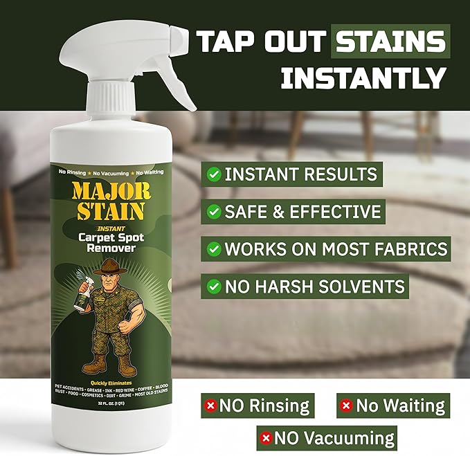 Major Stain Carpet Stain Remover Spray – 32oz – Powerful Carpet Cleaner Spray & Spot Remover for Carpet, Upholstery & Rugs – Removes Wine, Coffee, Grease & Food Stains – Fragrance Free