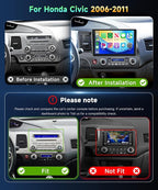 4G 128G Car Stereo for Honda Civic 2006 2007 2008 2009 2010 2011 Radio,10.1" Incell Touchscreen Wireless Carplay Android Auto 36EQ Bluetooth 5.0 Android 15 GPS WiFi FM/RDS Backup Camera