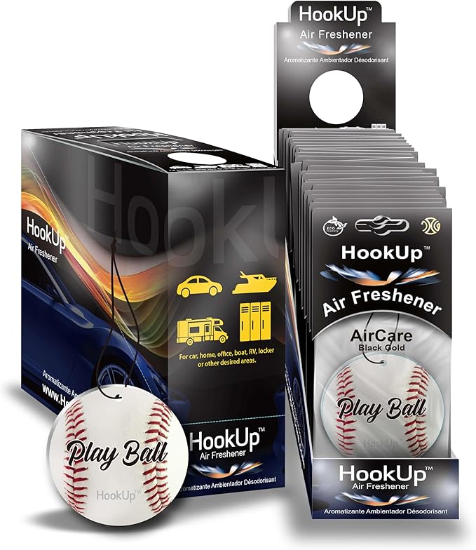Baseball Car Air Freshener by HookUp - 25 Pack - Black Gold Scent (Extra Strong) | Unique Baseball Gift for Players, Coach, Fans | Hanging Car Accessory with Long Lasting Fresheners Smell