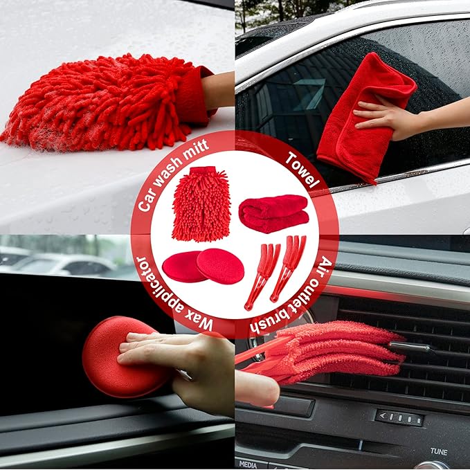 Amiss 18 PCS Car Cleaning Tools Kit, Car Detailing Brush Set with Driller Attachment Set, Car Wash Kit, Car Cleaning Brushes for Cleaning Interior, Exterior, Wheels, Etc. (Red)