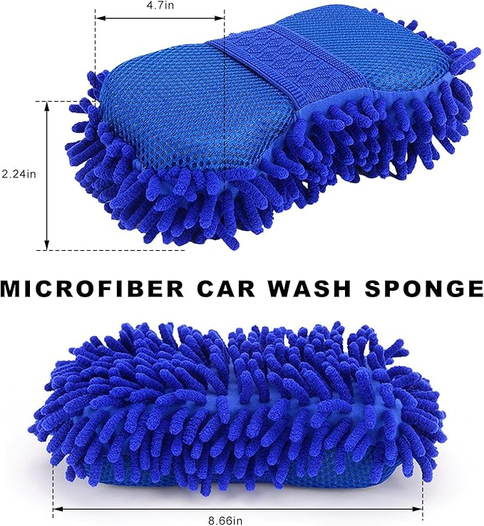 Microfiber Car Wash Sponge, Scratch-Free Vehicle Washing Mitt with Chenille & Mesh Sides, Highly Absorbent Sponge Lint-Free Cleaning Tool for Car Washing & Detailing (Blue)
