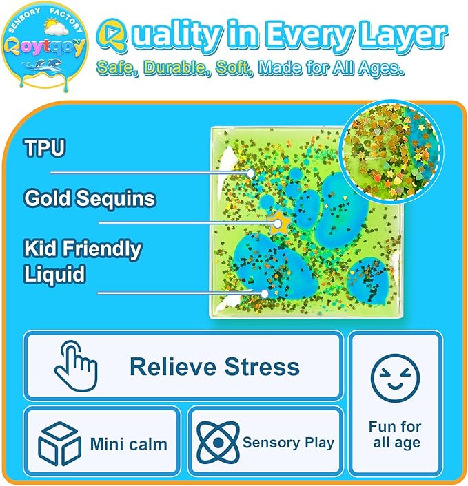 Squishy Liquid Sensory Gel Tiles 9 Packs - Square Sensory Fidget Toys for Stress Relief, Sensory Play & Portable Fun, Washable Sensory Floor Tiles for Kids in Home, Classroom, Travel