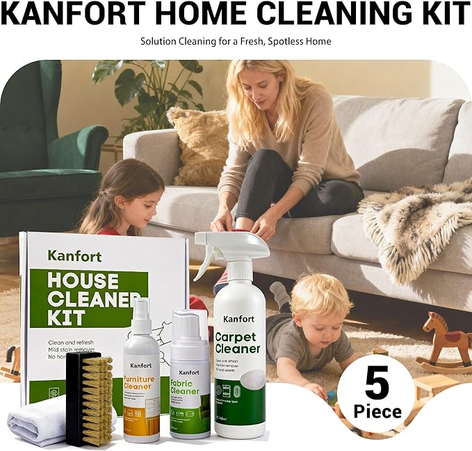 Carpet & Upholstery Cleaner 5-Piece Set, Fast Action Stain Remover for Furniture, Fabric, Sofa, Car Seats & Clothes - Includes Brush and Towel - Safe for Kids and Pets, Includes Brush & Towel