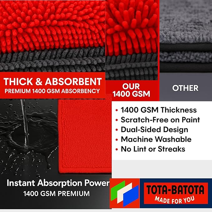 Microfiber Car Towel with Twisting Yarn,1400GSM Ultra Absorbent,16" BY16, Scratch-Free, Machine Washable, Bonus 30x30cm Towel Durable for Him/Her (Red/Gray)