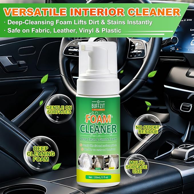 Car Interior Foam Cleaner, All-in-One Kit with Soft Brush & Microfiber Towel, Deep Clean Seats, Carpet & Upholstery, No-Rinse, Safe on Leather, Fabric, Vinyl & Plastic, 150ml (5oz)