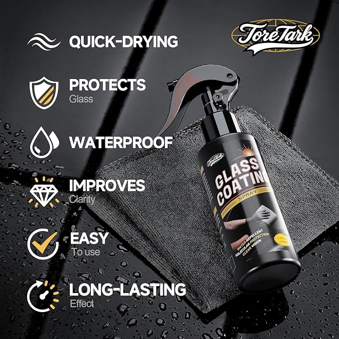 Toretark Car Ceramic Glass Coating Spray,Automotive Windshield Rain Repellent Glass Polish Protect, Long-Lasting Quick Dry Coat (3.38 fl oz +Towel)