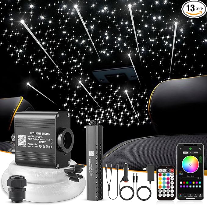 LED Fiber Optic Lights, 16W Meteor Twinkle, Bluetooth APP/Remote Control Star Ceiling Light Kit, 500pcs, 0.03+0.04+0.06in x 13.1ft, for Car/Home