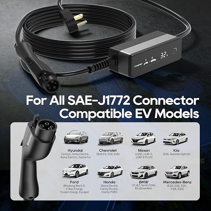 Level 2 EV Charger for SAE J1772 E, 32A 240V Portable EV Charger with NEMA 14-50 Plug, 25FT Cable, Adjustable 16A-32A, LCD Display, Plug-and-Play Fast Charging Station for Home/Outdoor