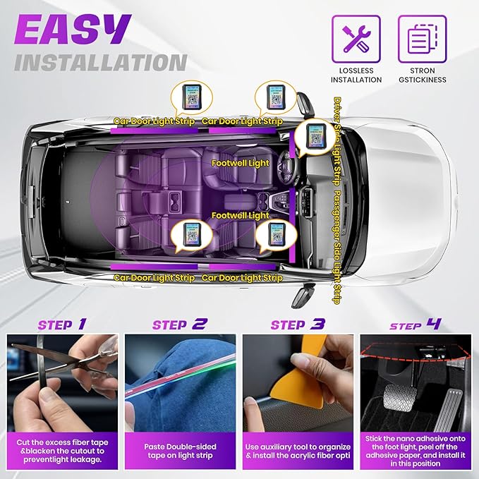 Acrylic Interior Car LED Strip Lights, Dreamcolor 10-in-1 Car Ambient Lighting Kit, with APP Control, 622 LED Fiber Optic Strip Lights for Cars, Supports Neon Sync with Music DIY Mode