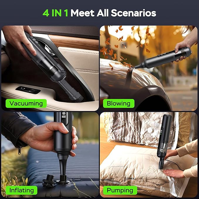 Portable Car Vacuum Cordless, 18000Pa 4-in-1 Suction Power Mini Vacuum Cleaner, 120W Brushless Motor Handheld Vacuum Cordless Rechargeable, 7800mAh Battery, LED Light, Black