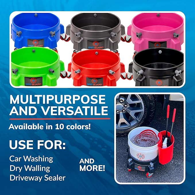 Grit Guard Bucket Dolly with Wheels - Rolling Detailing Wash Bucket with 5 Wheels and 2 Locking Casters Compatible with 2.5, 4, 5 and 6 Gallon Buckets (Blue, 3" Red Casters)