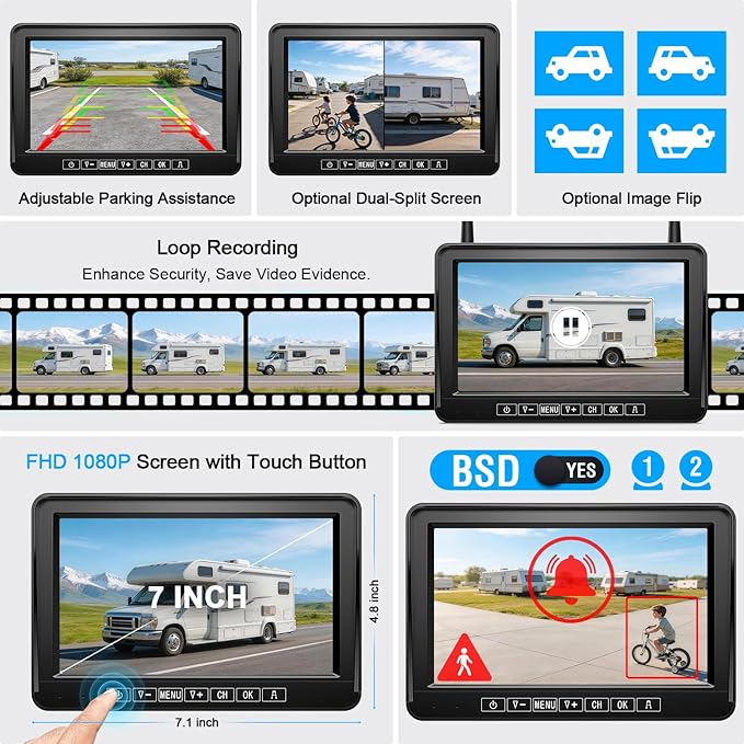 Fookoo Magnetic Solar Wireless Backup Camera System, Portable 7" DVR Monitor with BSD 1 Min Install HD 1080P Rear View Camera Night Vision Rechargeable for SUV Truck Pickup RV Camper Tractor DTC701