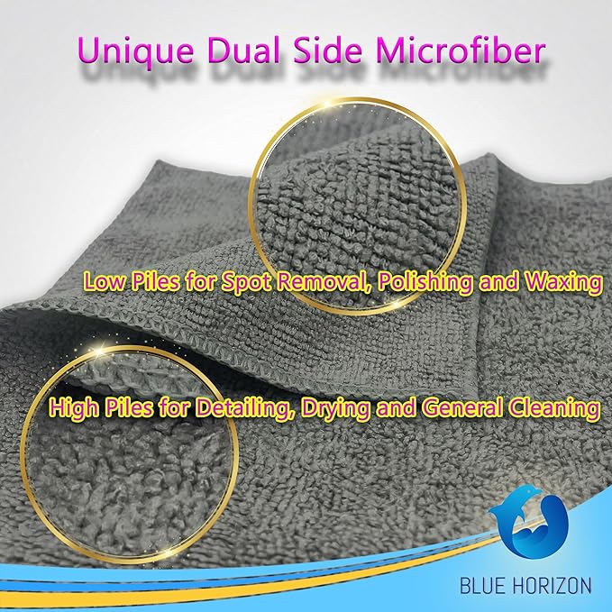 Blue Horizon Microfiber Cleaning Towels, Pack of 24, Ultra Soft Plush Washcloth, All Purpose Premium Microfiber Detailing Cleaning Cloths (16" x 16", Gray)
