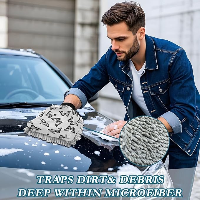 Qilmy Black Butterfly Pattern Microfiber Chenille Car Wash Sponge Scratch Free Car Wash Mitt Absorbent Mitt Sponge for Trucks SUVs Car Washing Home Cleaning, Large