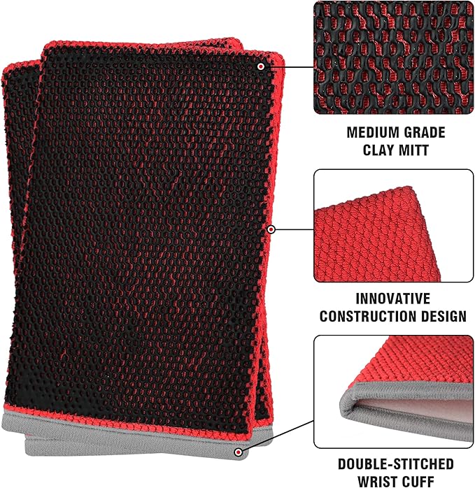 Tidy Monster 2 Pack Clay Bar Mitt for Car Detailing, Medium Grade Auto Magic Clay Towel, Scratch-Free and Paint Safe, for Cleaning Polishing Detailing Cars Paint, Glass, Wheels (Red)
