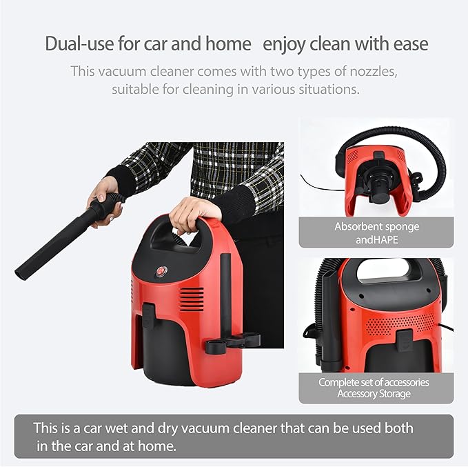 Portable Wet/Dry Vacuum, 2-Gallon, Small Shop Vacuum，Corded, Compact Wet/Dry Vacuum for Pets & Cars, Black-Red Elf