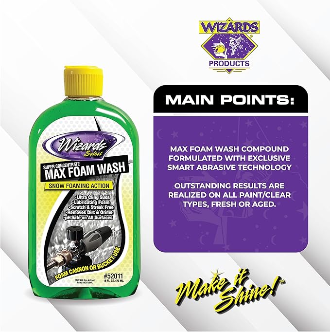 Wizards Select - Super Concentrate Max Snow Foam Car Wash Soap - Ultra Cling Suds Car Wash Shampoo With Thick Foam - Soap For Car Washing and Detailing - 16 oz