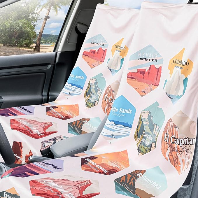 Hahafelt 2 Pack Car Seat Towel Covers with Storage Bag, 63 x 32 Inch Universal Non Slip Waterproof Sweat Protector for Car Truck, Gym Swimming Running, Machine Washable (Mixed Landscapes)