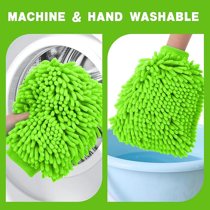 12 Pcs Car Wash Mitts, Scratch-Free Microfiber Chenille Glove Mitts for Auto Detailing, Lint-Free and Highly Absorbent, Double-Sided Plush Mitts in Green Blue Gray, 10.2 x 7.5 Inch