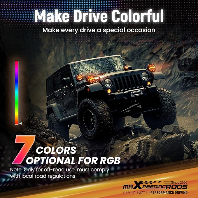 maXpeedingrods 7 inch LED Off Road Lights 332W, 7 RGB Colors LED Light Bar, Auxiliary Driving Pod Lights, w/ 270°Side Shooter and Black Covers Spot Light for Jeep SUV Pickup ATV