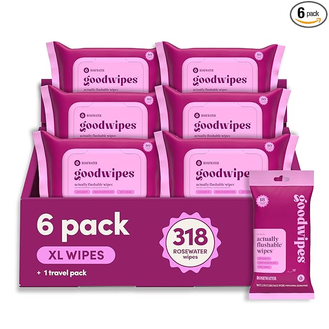 goodwipes Flushable Butt Wipes - Vitamin E & Aloe - Sewer & Septic Safe - Extra Large Adult Wet Wipes For Women & Men - Bathroom Essentials - Rosewater, 318 Count (6 Packs + 1 Travel)