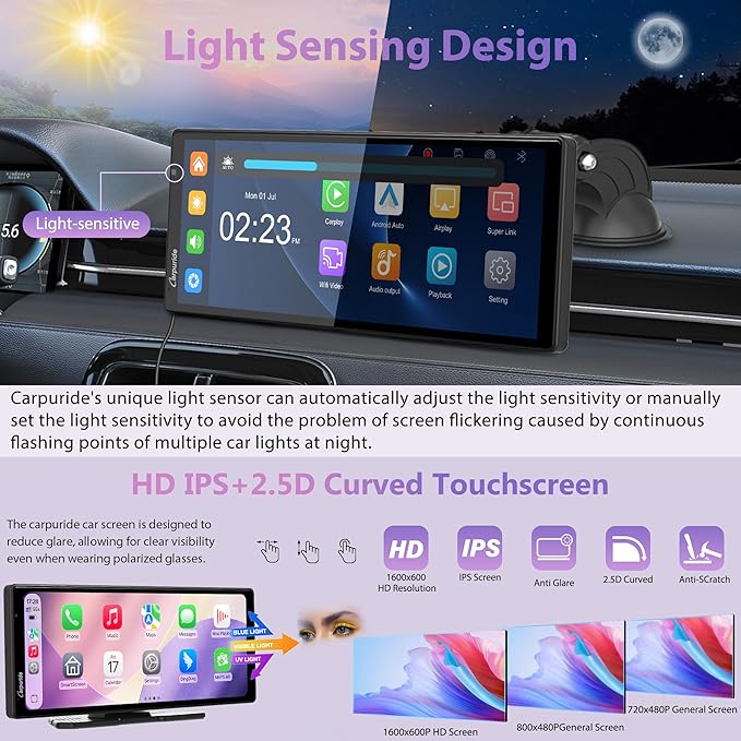 CARPURIDE W903S3 9.3 Inch HD Wireless Carplay & Android Auto Screen, 4K Front + Wired 1080P Rear + Infrared Camera, with Loop Recording, Bluetooth, Voice Control, GPS, FM, Super Link, 64GB TF