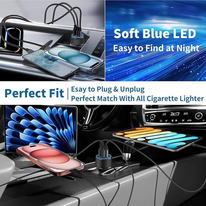 USB C Car Charger, Rombica 3Port 67W PD Dual USB-C USB-A Power Cigarette Lighter Adapter PD/QC Type C Car Charger Fast Charging for iPhone 17 17 Pro Max 16 Pro 15 14 13 12 11/Galaxy S26 S25/Pixel/iPad
