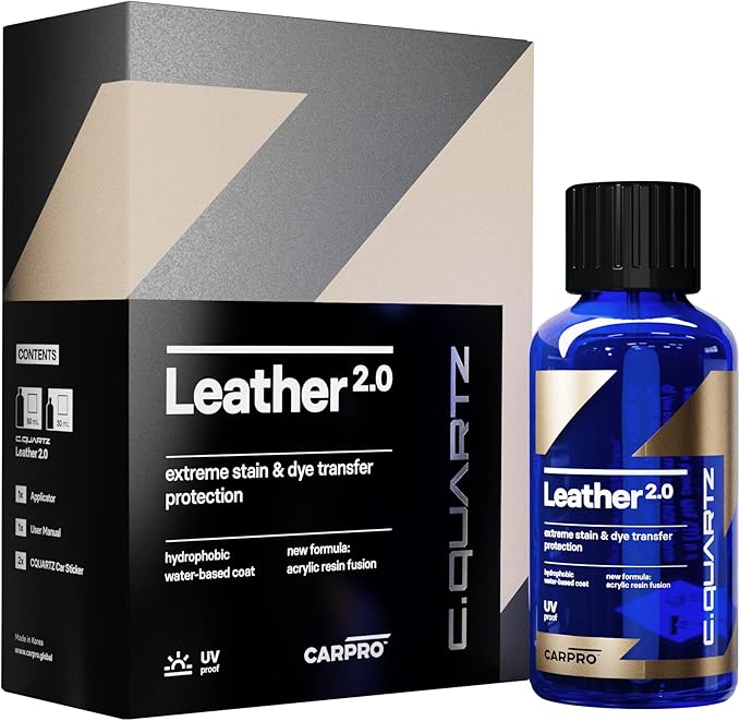 CARPRO CQUARTZ Leather 2.0 - Kit - Hydrophobic & Oil Phobic, Safe on All Car Leather, Resistance to UV, Denim Dye Coloring, Abrasion and Stains (50ml Kit)