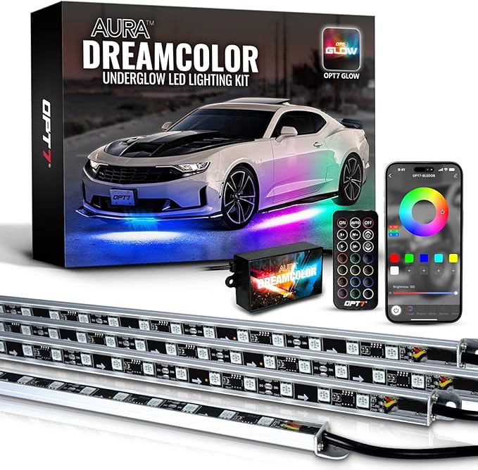 OPT7 Aura DreamColor Underglow Chasing Lights for Car with APP & Remote Control, Waterproof Rigid Aluminum LED Light Bar, 12V Exterior Neon Accent Underbody RGBIC Lighting Kit, Multicolor Car Decor