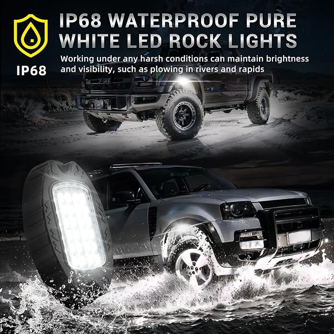 2 Pods White Rock Lights Used to Replace The Damaged Light, Support for 4pods, 6pods, 8pods, 10pods, 12pods Pure White Underglow Lighting Kits