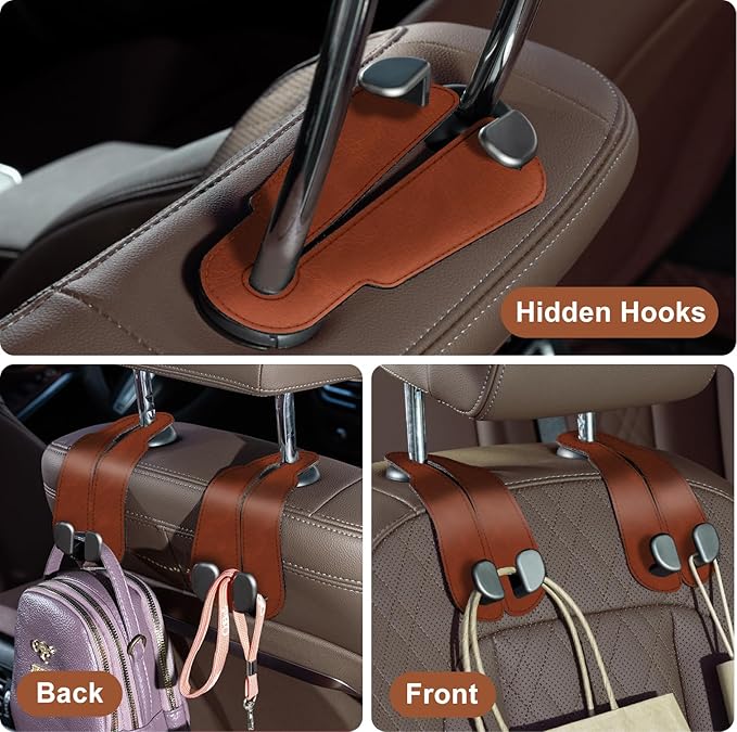 CoBak Purse Hook for Car - Universal Premium Stitched Leather and Aluminum-Magnesium Alloy Double Car Seat Back Storage Hook for Purses, Handbags, Bags (2 Pack),Russet Brown