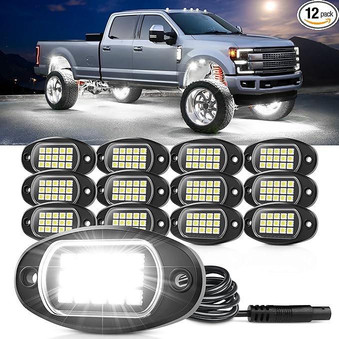 Rock Lights 12 Pods High Bright White LED Underglow Lights for Jeep Trucks Golf Cart ATV UTV RZR SUV Offroad Pickup Accessories