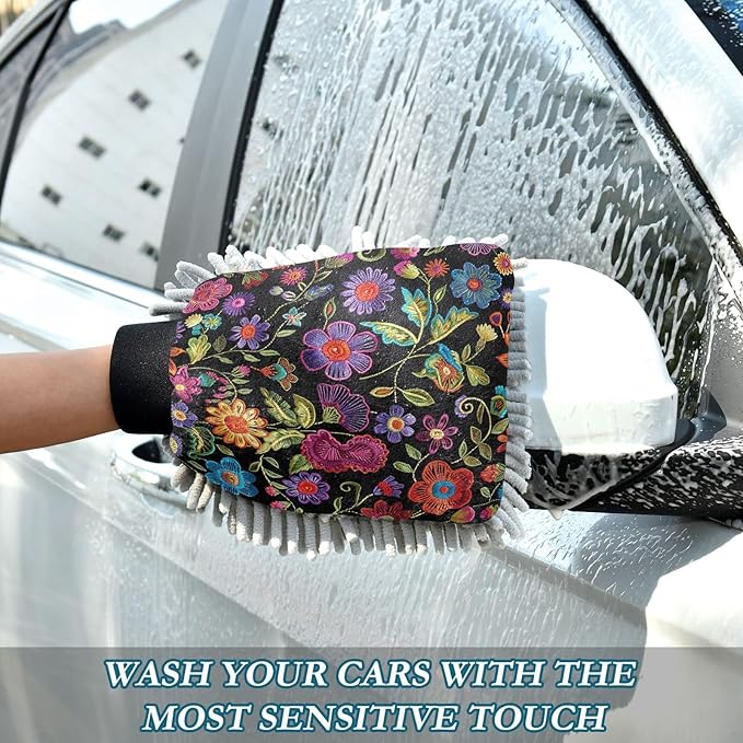 YETTASBIN Mexican Floral 2PCS Car Wash Mitts, Ultra Absorbent Chenille Microfiber Car Washing Gloves, Scratch-Free Lint-Free Auto Cleaning Mitt, Machine Washable Elastic Cuff Car Wash Sponge
