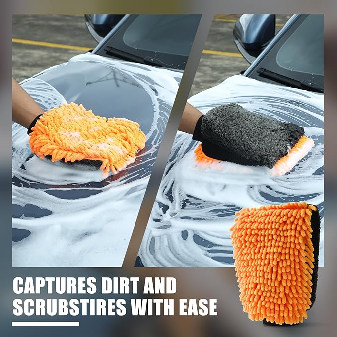 1300GSM Microfiber Car Cleaning Kit 4 Pack, 2 Chenille Wash Mitts & 2 Drying Towels (90cm×60cm & 60cm×40cm), Scratch-Free Lint-Free for Car RV Truck