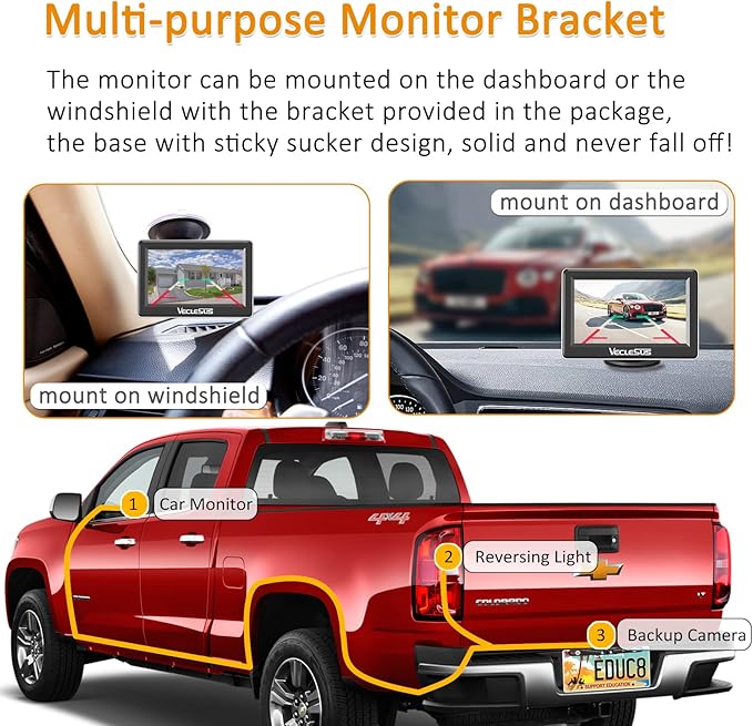 VM1 Wired Backup Camera Kit with 4.3” Monitor, 1080P License Plate Camera, IP68 Waterproof Night Vision, Reverse/Continuous View for Car, SUV, Pickup, Sedan, Truck, 33ft Cable