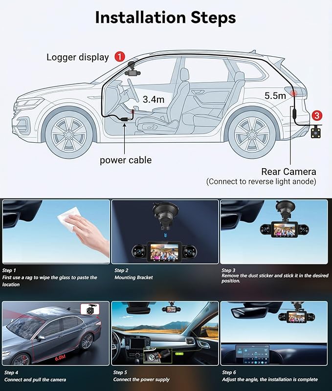 SIXTOP 360 Degree View 4 Channel Dash Cam,1080P Front and Rear Inside Left Right Dash Camera for Cars, 3" IPS Screen Night Vision, G-Sensor, 24H Parking Mode,Wide Angle Loop Recording,Reverse Assist