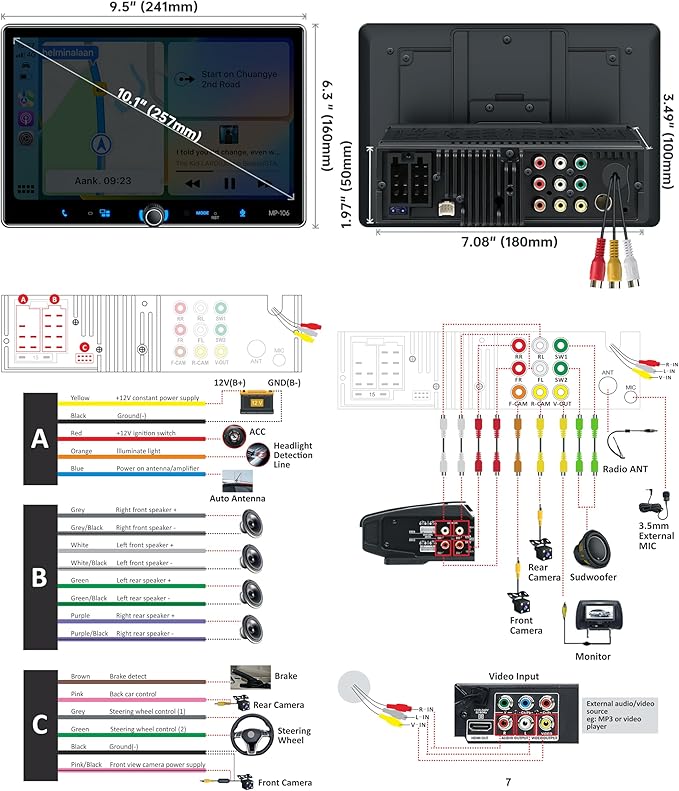PLZ Single Din Car Stereo Wireless Apple Carplay Android Auto Radio, 10.1" Car Play Touch Screen, Bluetooth 5.3 Car Audio Receiver, 4.2 Channel 240W, Subwoofers, Backup Camera, Navigation, FM/AM, SWC