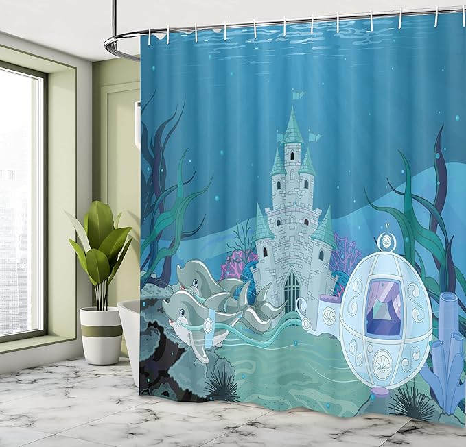 Ambesonne Ocean Shower Curtain, Mermaid Castle with Dolphins Moss Fish Sun Beams Art Print, Cloth Fabric Bathroom Decor Set with Hooks, 69" W x 70" L, Turquoise Teal