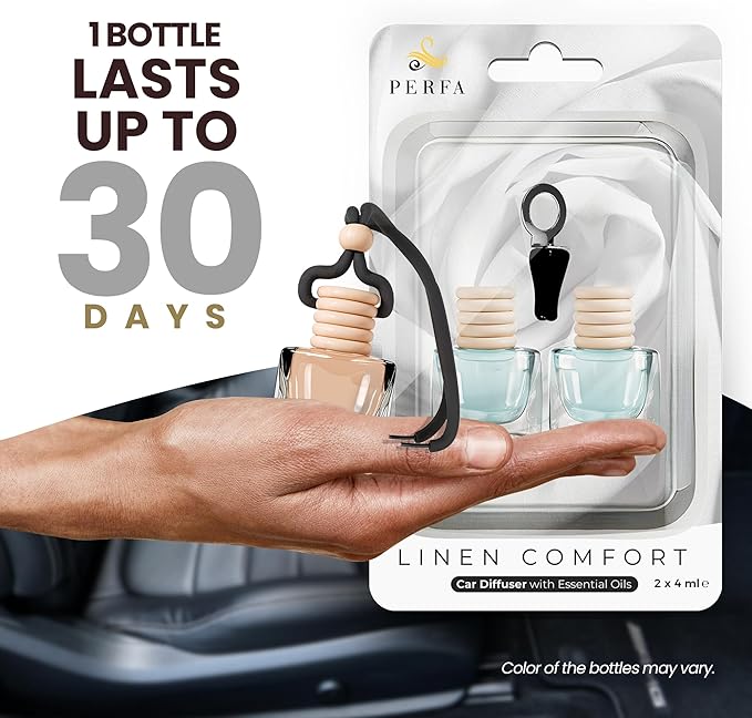Fresh Linen Car Air Freshener | Hanging Car Freshener with Vent Clip | Long Lasting Fragrance, Slow-Release Aroma Technology, Adjustable Scent Intensity | Scented Interior Accessories by Perfa