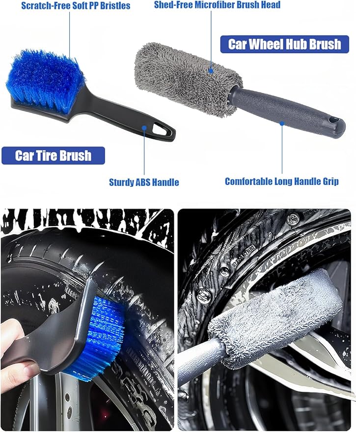 15°Curved Car Wash Brush with Long Handle Kit, 55-Inch 4-Section Extendable Pole with Replacement Head, Chenille Mitt, Tire & Wheel Hub Brushes, Towel, Storage Bag for Car, RV, Truck [Scratch Free]