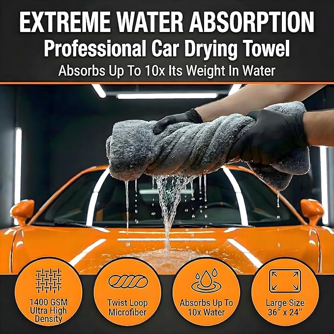 Car Drying Towel Extra Large 36" x 24" 1400 GSM Twisted Loop Microfibre - Charcoal Drying Towel Car Detailing, Double-Sided Edgeless Design, Super Absorbent, Durable Machine Washable and Lint-Free