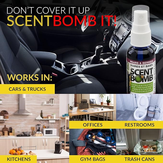 Scent Bomb Air Freshener Spray, Long-Lasting Odor Eliminator - Effective Deodorizer for Home & Car, Fresh Room Spray for Kitchen, Bathroom & Smell Neutralizer - 1 oz Pack of 4, Pears and Berries Scent