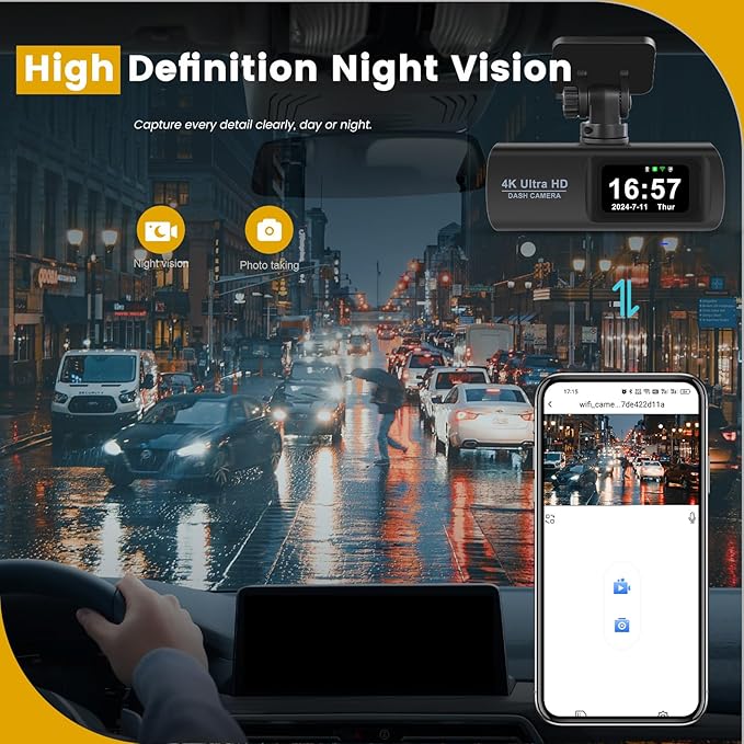 4K Dash Cam with WiFi, 4K Front+1080P Rear, Dual Camera, Gravity Sensing, Parking Monitoring, Loop Recording, Night Vision, Parking Mode