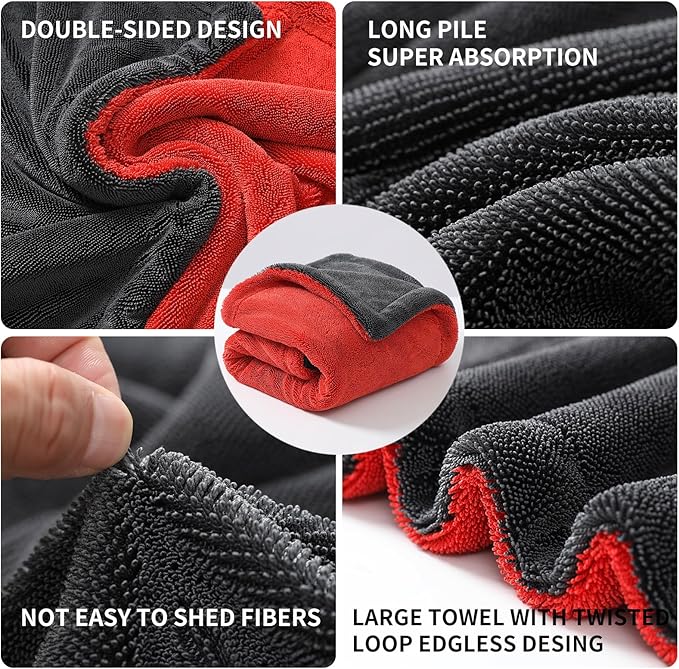 Extra Large Microfiber Twisted Car Drying Towel, Red and Grey, Ultra Absorbent, 24 * 36 Inches, One-Swipe Drying, for Car Exterior
