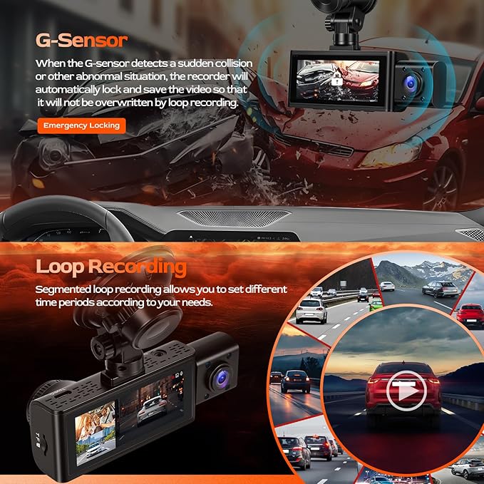 3 Channel 2.5K Dash Cam with WiFi & APP Control, 2.5K+1080P+1080P Front Inside and Rear, Triple Dash Camera with G-Sensor, 24 Hours Parking Mode, Loop Recording, Night Vision