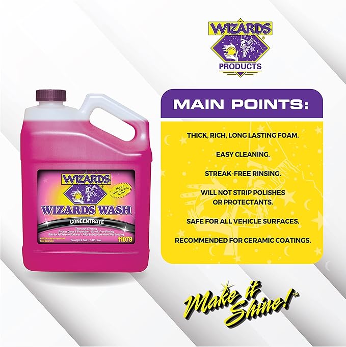 Wizards Car Wash - Super Concentrated Car Wash Soap - No Salt Biodegradable Car Wash Soap With Thick Foam - Exterior Care Products For Marine Use - Foam Cannon Soap For Car Washing Supplies - 1 Gallon