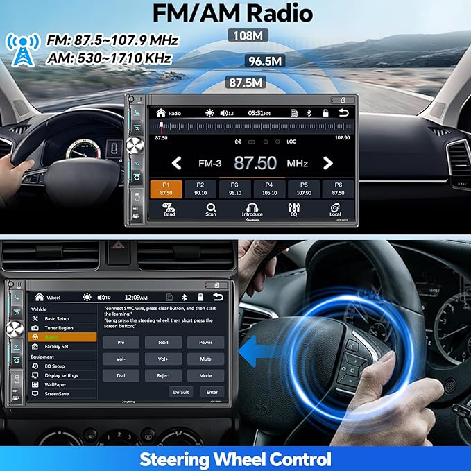 SJoyBring QLED Double Din Car Stereo with Dash Cam & Backup Camera, Wireless Apple CarPlay & Android Auto, Bluetooth, 4.2-Ch 2 Subwoofers Outputs, 7 inch Touchscreen, MirrorLink, FM/AM Radio
