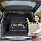 XCF Car Organizer Trunk, Durable Collapsible Leather Trunk Organizer with Lid and Sturdy Handle, Auto Cargo Storage Compartments, SUV/Car Accessories for Men/Women (11.4 x 27 x 12.2, Black)